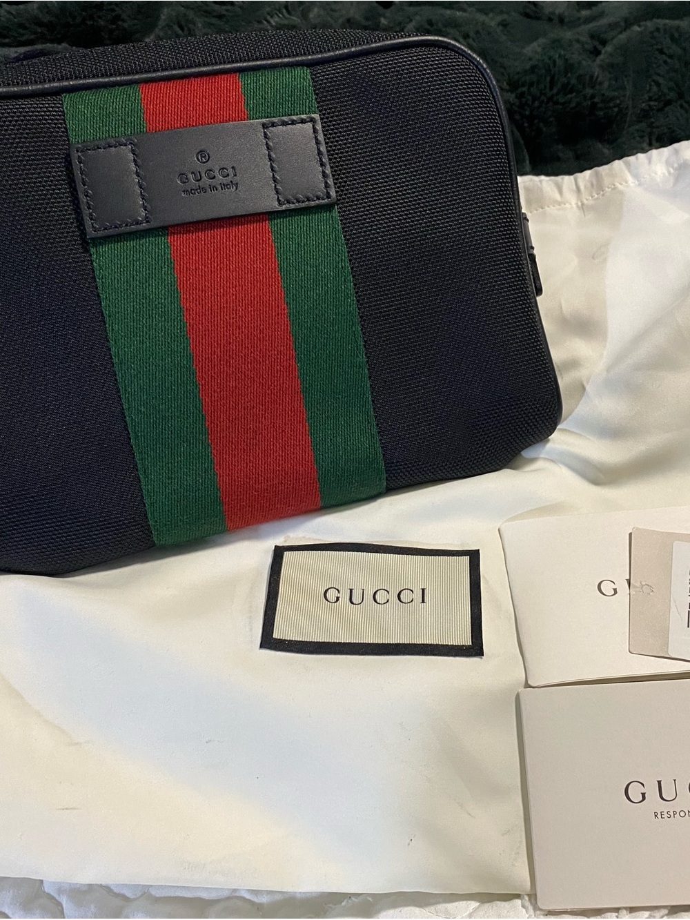 Gucci Black Bum Bag with Green & Red Web Stripe and Silver Hardware